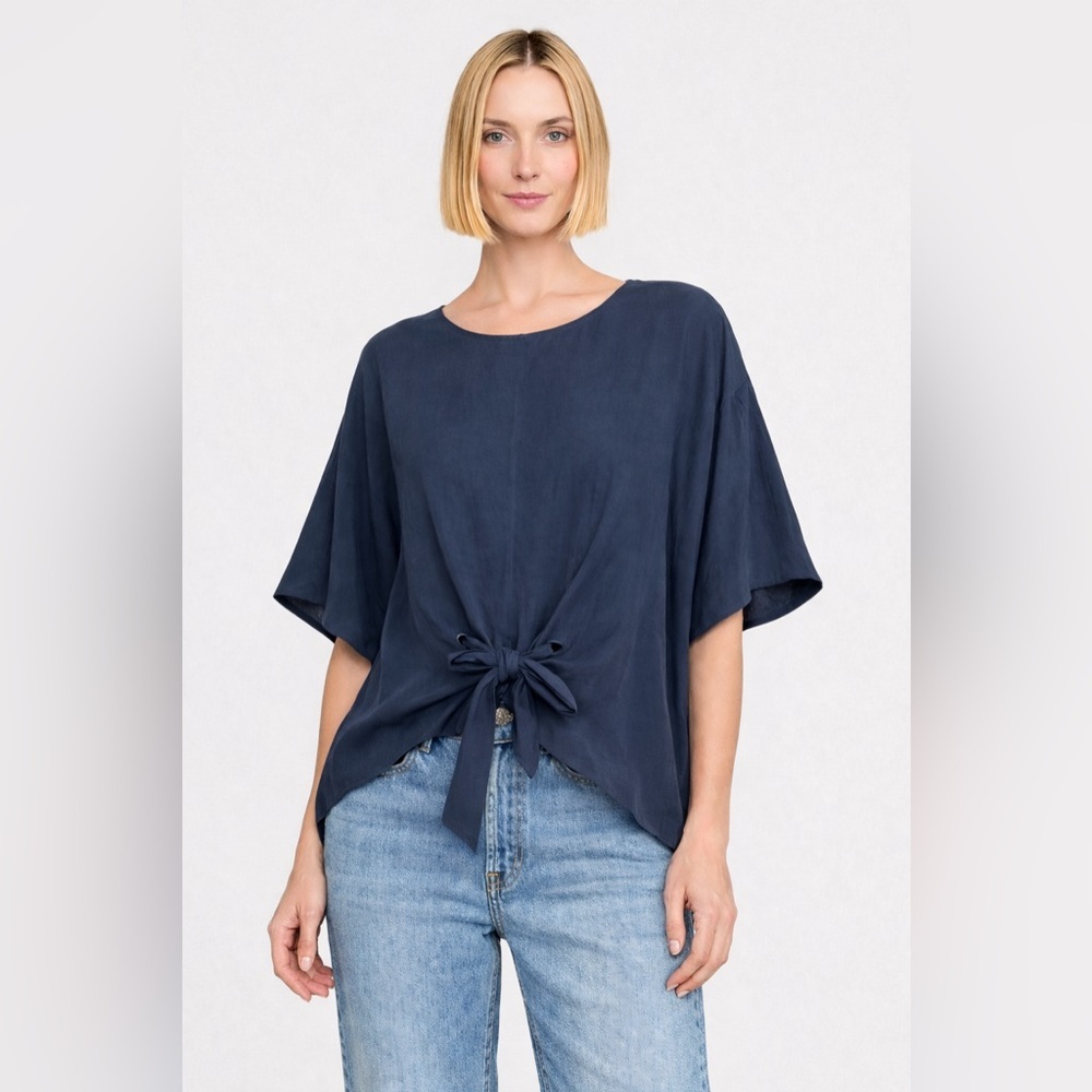 Marie Oliver Silk Caftan Blouse Navy Tie Front Boho Small